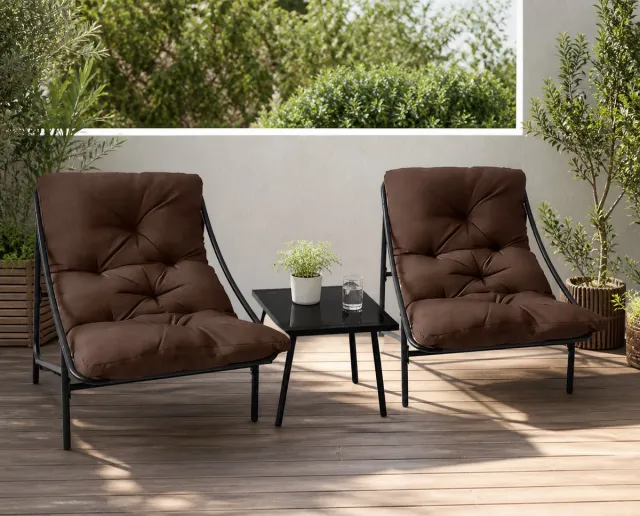 Velourra Balkonmeubelset voor kleine balkons, tuinmeubelset, 3-delige balkonmeubelset, tuintafel en stoelenset met kussens en salontafel voor terras, balkon, tuin bruin