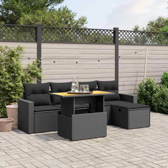 vidaXL 6-delige Loungeset met kussens poly rattan zwart, foto 2