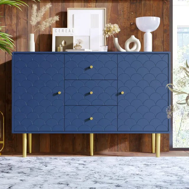 MIVRAY Dressoir - Vis Schubpatroon Met 2 Deuren En 3 Lades - Verstelbare Plank Voor Woonkamer En Slaapkamer - Marineblauw - 120x40x83 Cm Donkerblauw