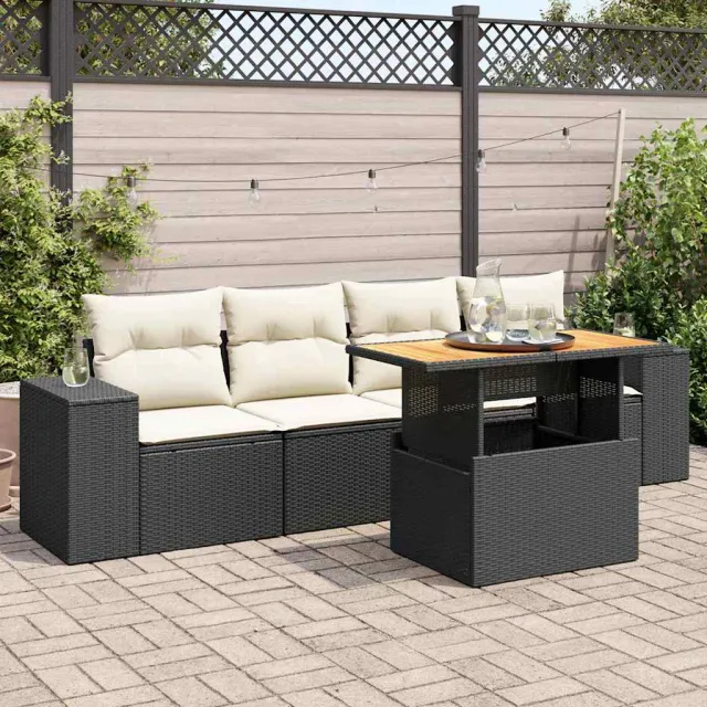 vidaXL 5-delige Loungeset met kussens poly rattan zwart, foto 2