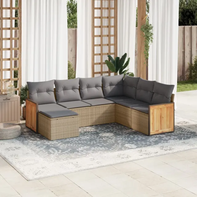 vidaXL 7-delige Loungeset met kussens poly rattan beige, foto 2