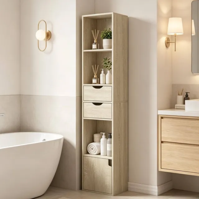HAUSS SPOLE Boekenkast - Smalle Staande Opbergkast Met 3 Open Vakken 2 Lades En Deur - Voor Woonkamer Kantoor - Hout - 30x24x157,5 Cm - Licht Eiken
