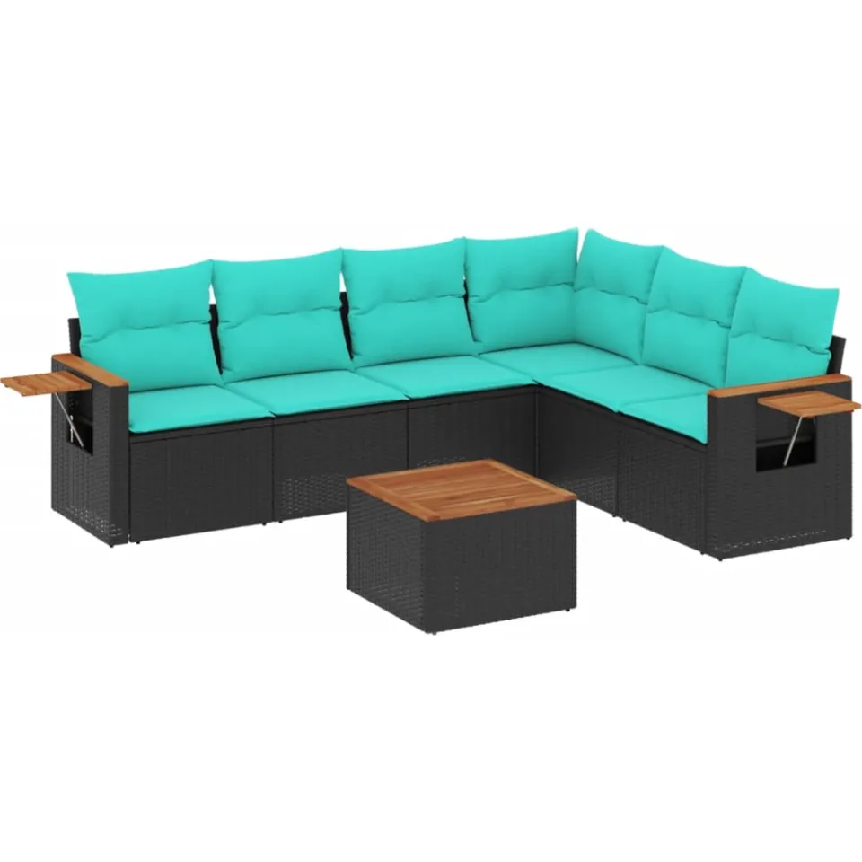 vidaXL 7-delige Loungeset met kussens poly rattan zwart, foto 3