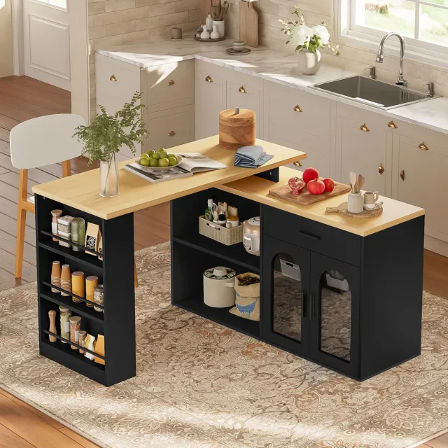 STILVORA Keukeneiland Met 360° Draaibare Tafel - Opbergkast Met Lade En Planken - Modern Voor Keuken En Eetkamer - Zwart En Naturel - 136x50x78 Cm