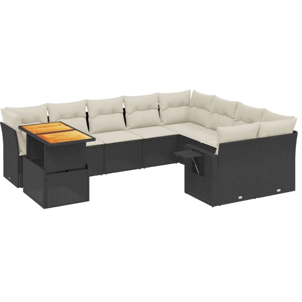 vidaXL 10-delige Loungeset met kussens poly rattan zwart