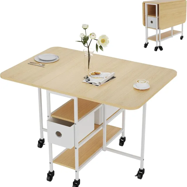 Triumpunpre Ruimtebesparende opklapbare eettafel – uitklapbaar blad – opberglade – 2 planken – verrijdbare keukentafel – 115 × 80 × 76 cm – houtkleur