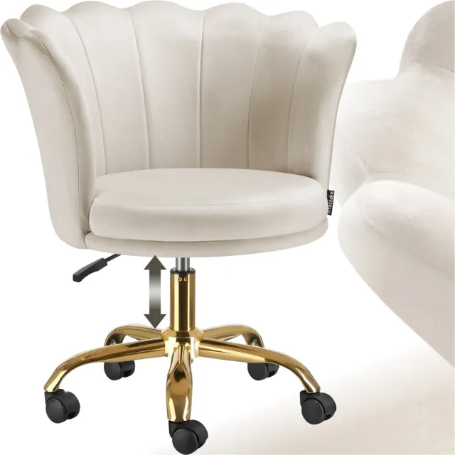 Tectake Bureaustoel - In hoogte verstelbaar draaifauteuil met fluwelen bekleding - Ergonomische schelpvorm - Stoel met wielen - Eetkamerstoel op wieltjes - 360° draaibaar - Bureau Stoel - Wit Fluweel: Goud / Wit