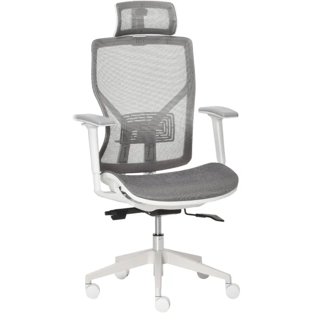 Lunpog Gamingstoel met hoofdsteun, lendenkussen en 3D-armleuningen – 360° draaibare wieltjes – in hoogte verstelbaar – ergonomisch – grijs – 67 x 65 x 120–128 cm