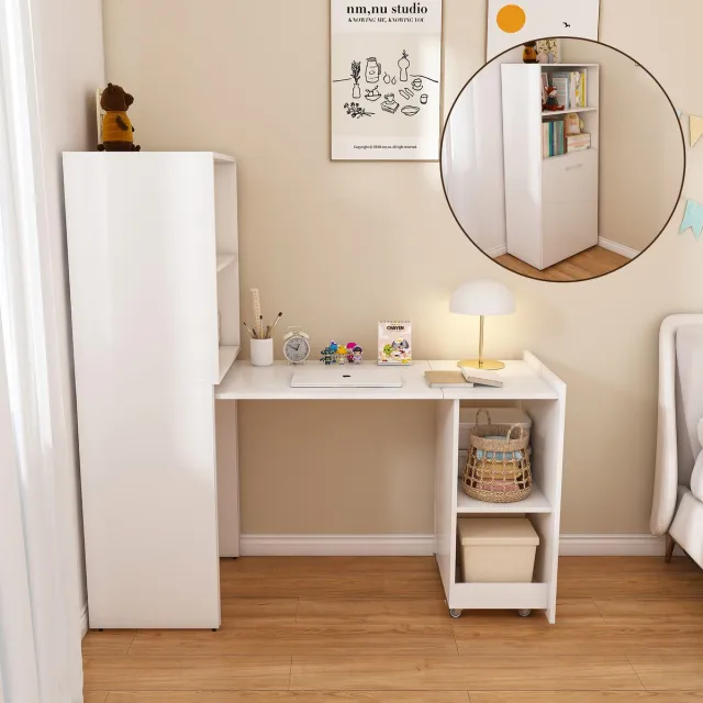 OKWISH Bureau - Uitrekbaar Opbergbureau Met Verstelbare Legplanken En Uitschuifbaar Tafelblad - Wit MDF - 126 X 55 X 136 Cm