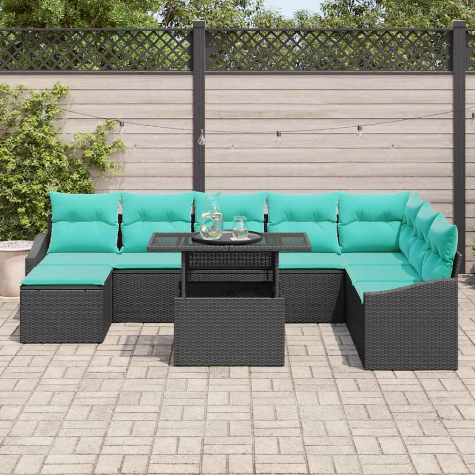 vidaXL Bankstel 9 st Zwart en Blauw poly rattan, foto 3