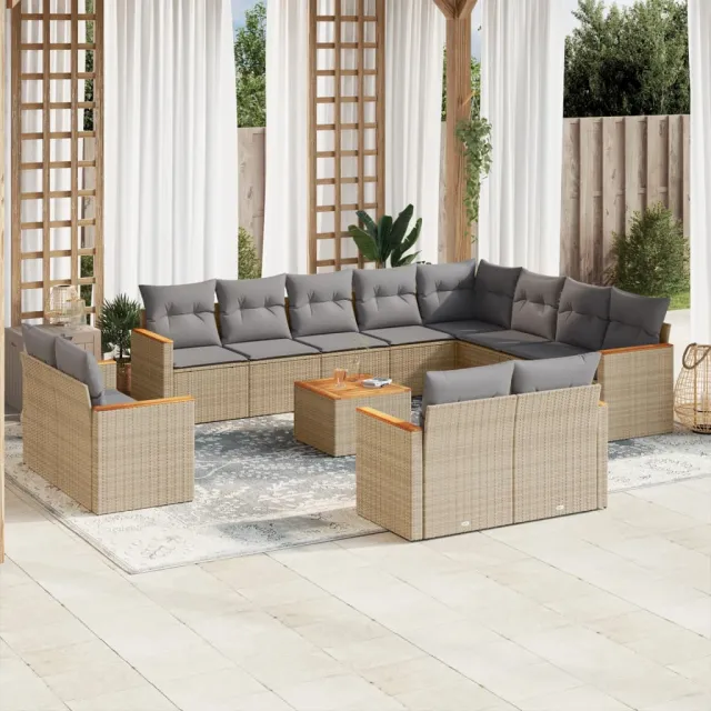 vidaXL 13-delige Loungeset met kussens poly rattan beige, foto 2