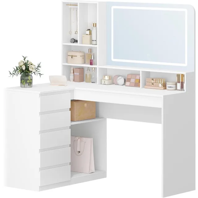 HILINSIE Make-uptafel met grote spiegel, kaptafel met ledverlichting, L-vormige hoek- met 5 laden en 7 open vakken, kettinghaken, slaapkamer, kleedkamer, modern,80.1×120×137.7cm,Wit
