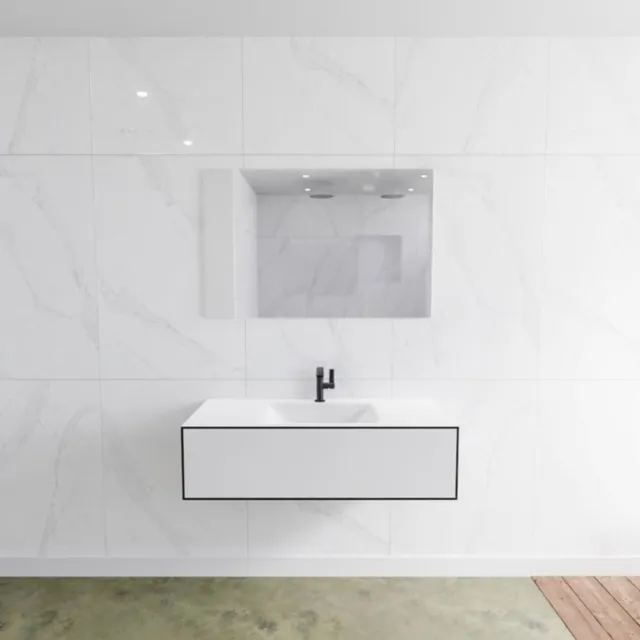 Mondiaz Badkamermeubelset Mondiaz LAGOM 110 cm met Gecentreerde Wastafel Solid Surface Met 1 Kraangat Mat Wit (1 lade)