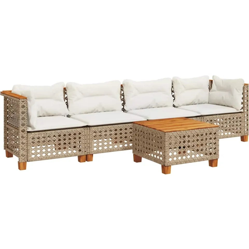 vidaXL 5-delige Loungeset met kussens poly rattan beige, foto 3