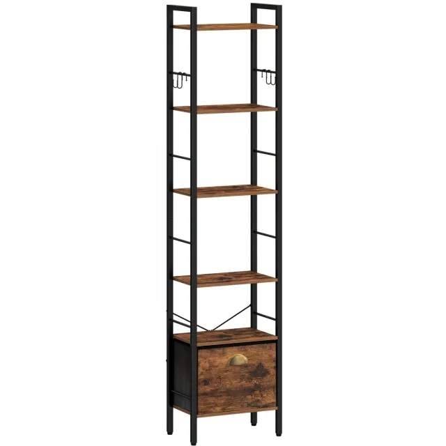 J.T.R Boekenrek-boekenkasten-Boekenplank 6-Lagen Verticale Plank met 1 Lade en 4 Haken-Boekenrek Open Plank- Industriële Stijl- Metalen Frame-Geschikt voor Studie- Woonkamer-Slaapkamer- Keuken- Bruin- Gemonteerde Kastsystemen Bruin met zwart frame