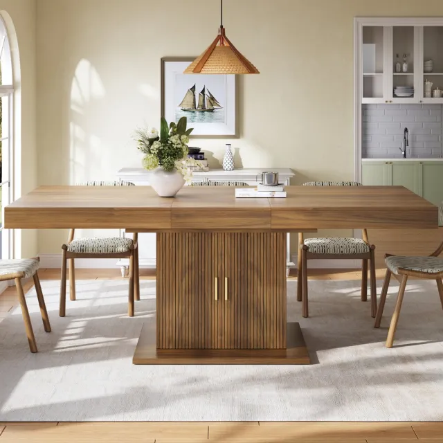 DESMIU Uitschuifbare Eettafel - Opbergruimte Met Riffeldeuren - Voor Eetkamer En Open Keuken - MDF En Metaal - 140-180x90x75,2 Cm - Bruin