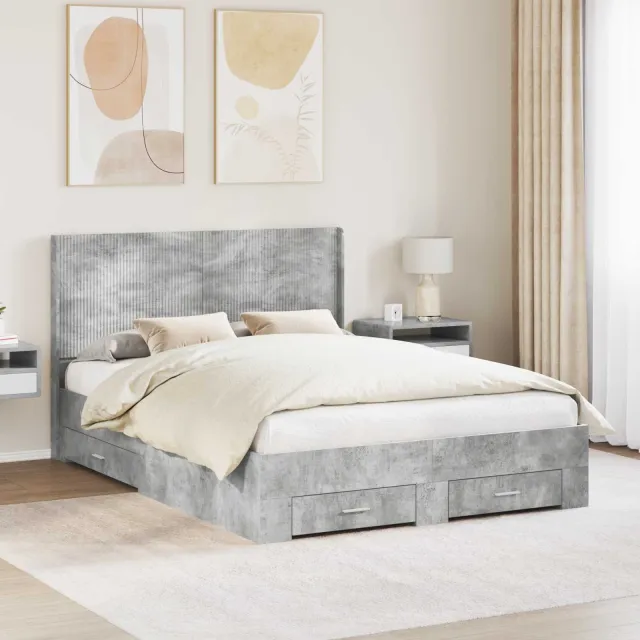 vidaXL Bedframe met opbergruimte en hoofdbord Betongrijs 140 x 200 cm