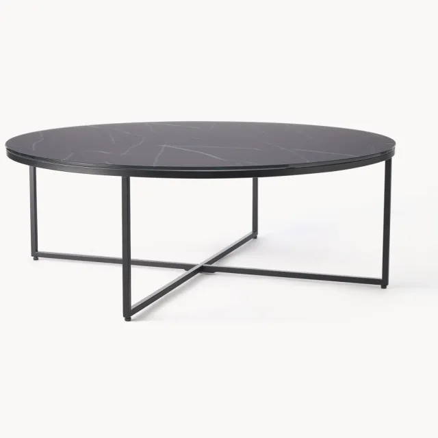 Westwing Collection Ronde XL-salontafel Antigua met glazen tafelblad in marmerlook Zwart