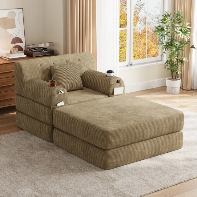 REDOM Bank - Slaapbank met hoge rugleuning - Metalen frame en hoogdicht schuim - 2 bekerhouders en 4 opbergvakken - Cord - Woonkamer - Khaki - 107 x 162 x 81 cm
