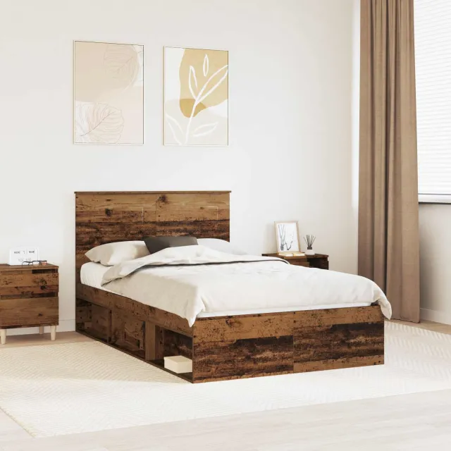 vidaXL Bedframe met lade Effen Oudhout 135 x 190 cm Massief grenenhout Bruin