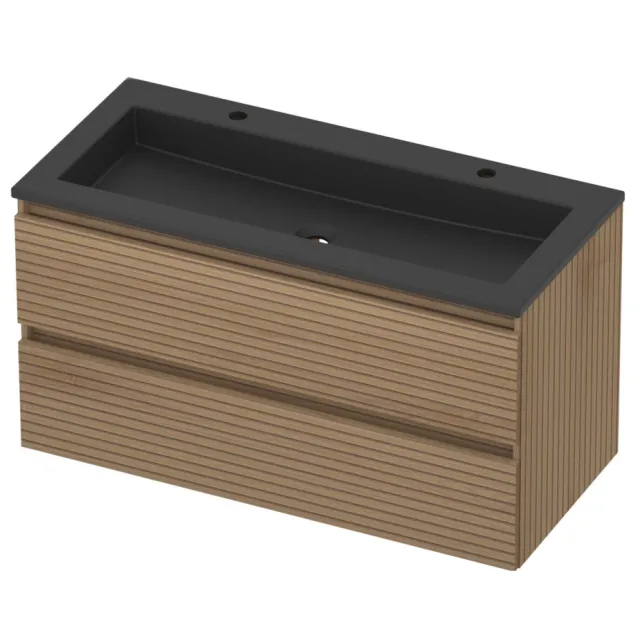 Basic-Line Aura 46 Badmeubelset Acryl 2 Kraangaten Greeploos 100x46x54 cm Lamello Oak Mat Zwart