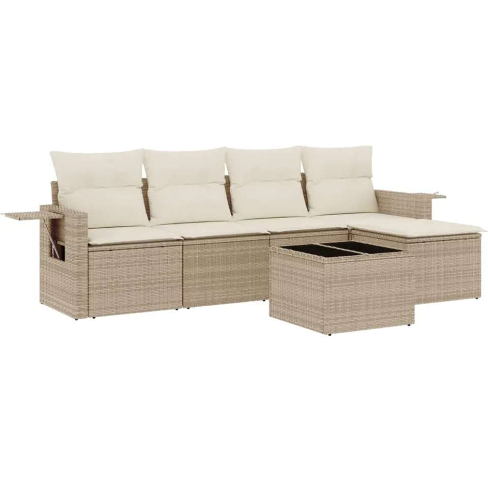 vidaXL 6-delige Loungeset met kussens poly rattan beige