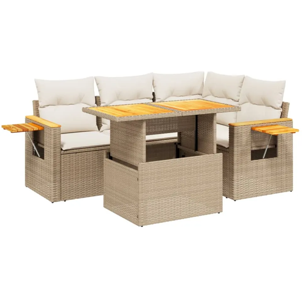 vidaXL 5-delige Loungeset met kussens poly rattan beige, foto 3