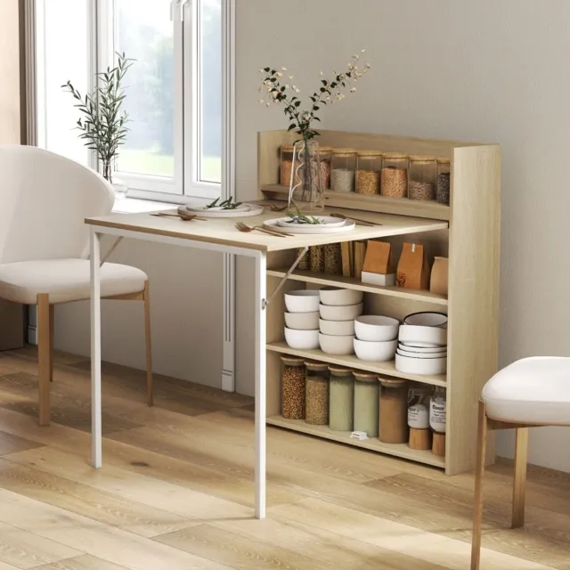 Wishdor Klapbare Eettafel Met Opbergplanken - Industriële Stijl - Voor Kleine Ruimtes - Hout - Eiken - 78,5 X 91 X 93 Cm