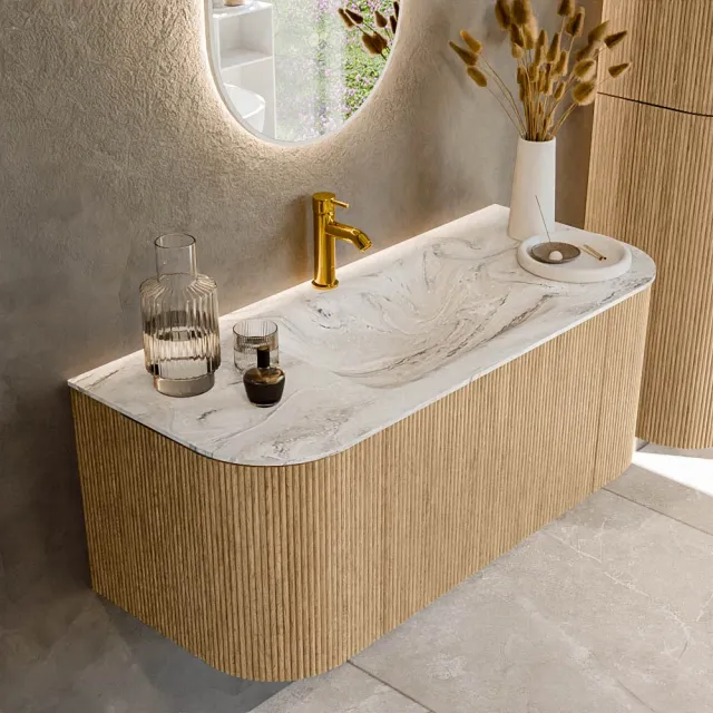 Mondiaz KURVE-DLUX 110 cm Onderkast Greeploos 1 Lade Met Deuren Oak, Wastafel Solid Surface Midden Glace 1 Kraangat Zonder Spiegel (KRVCLO110L+R1L2D1KM-Oak/Gla)