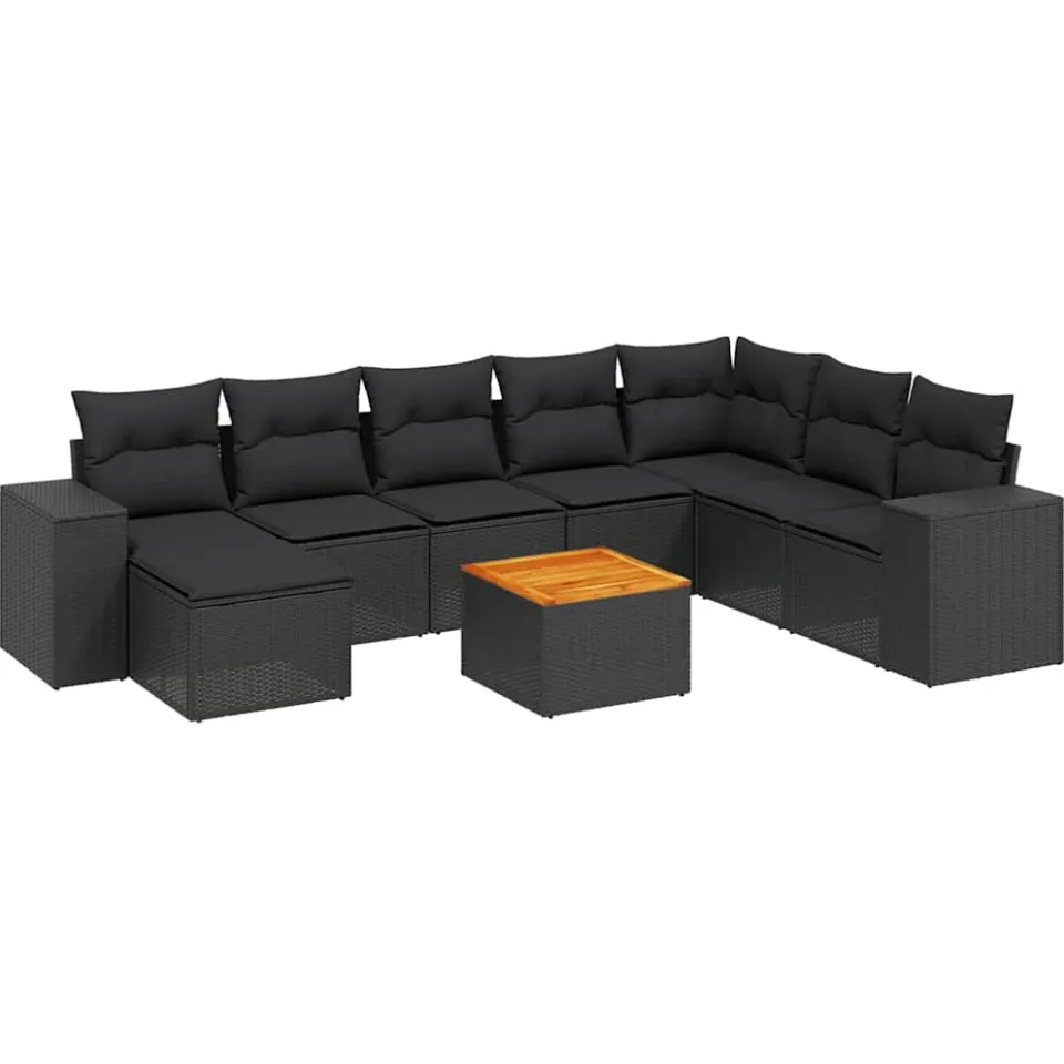 vidaXL 9-delige Loungeset met kussens poly rattan zwart, foto 3