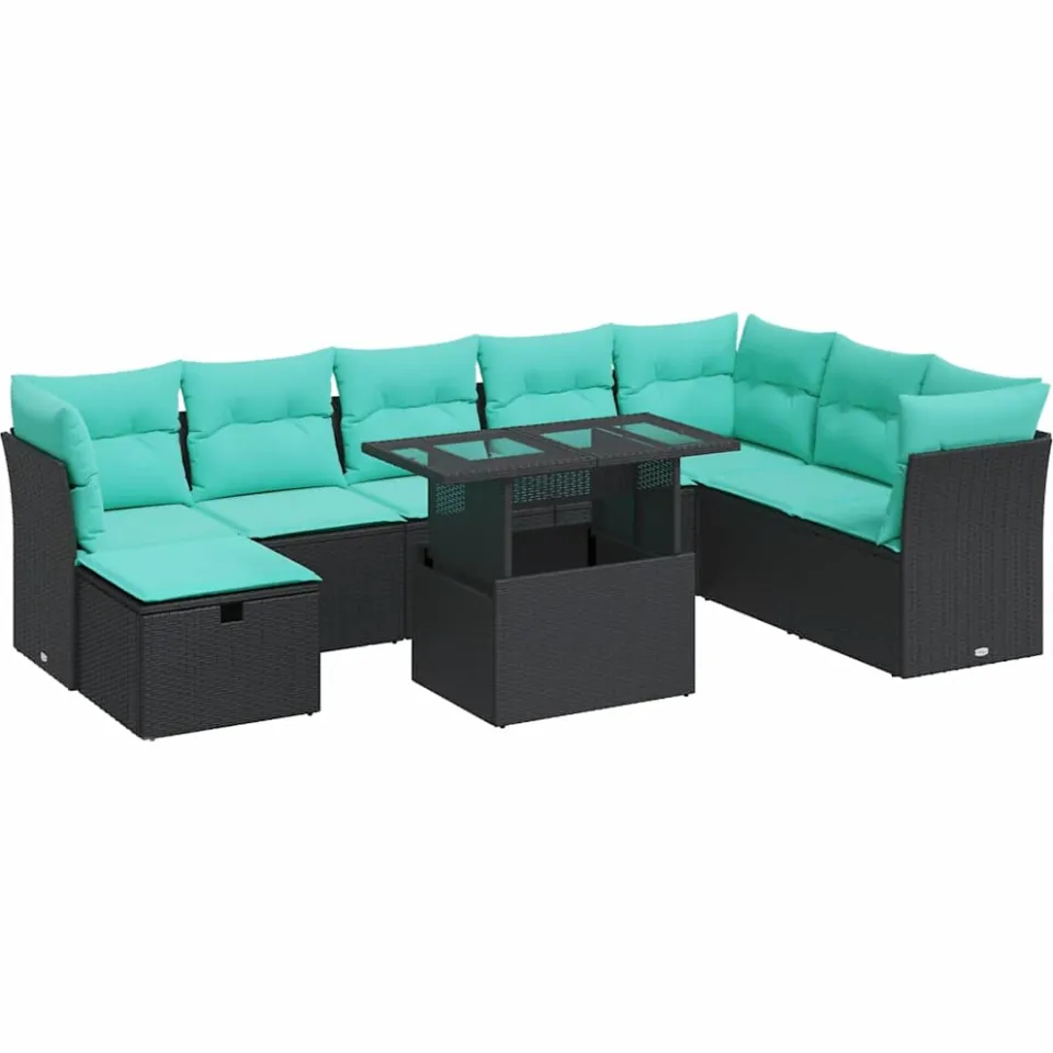 vidaXL 9-delige Loungeset met kussens poly rattan acacia zwart, foto 3