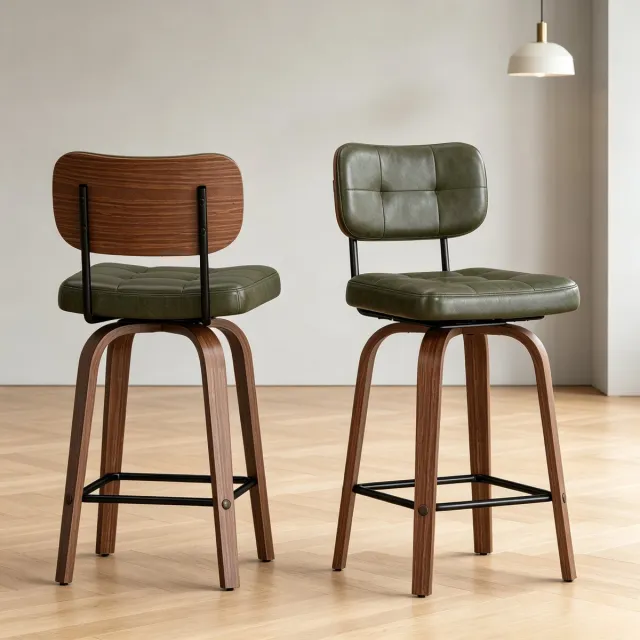Clruro Barkrukken - 2 Stuks - 360° Draaibaar met Gebogen Rug - PU-Leer, Hout en Metaal - Zwart