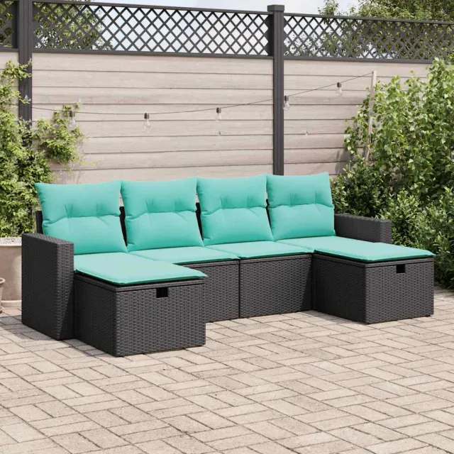 vidaXL 6-delige Loungeset met kussens poly rattan zwart, foto 2