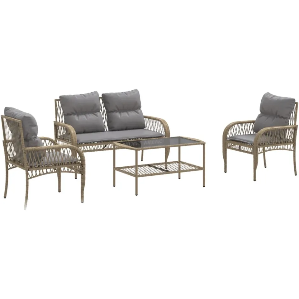 vidaXL 4-delige Loungeset met kussens poly rattan beige, foto 3