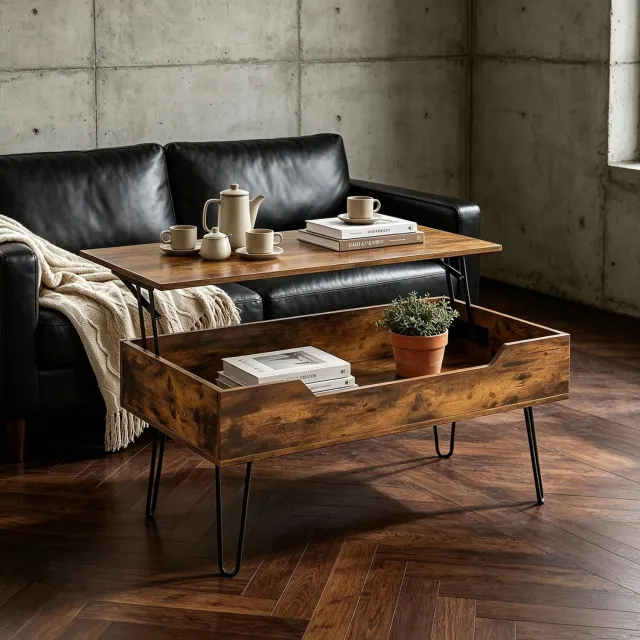 HAUSS SPOLE Salontafel - In Hoogte Verstelbaar Met Verborgen Opbergvak - Voor Woonkamer En Werken - MDF En Metaal - 95x50x40 Cm - Walnoot Zwart Walnootkleur, zwart