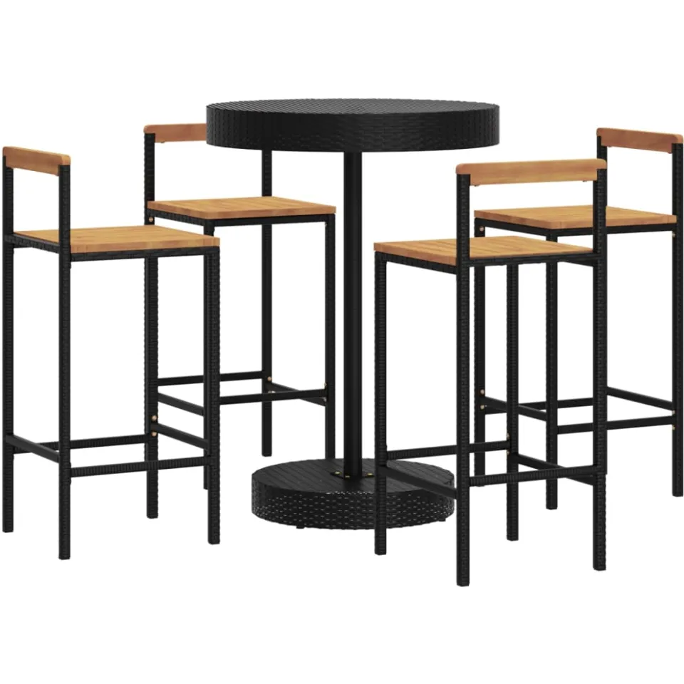vidaXL 5-delige Tuinbarset poly rattan en massief acaciahout zwart