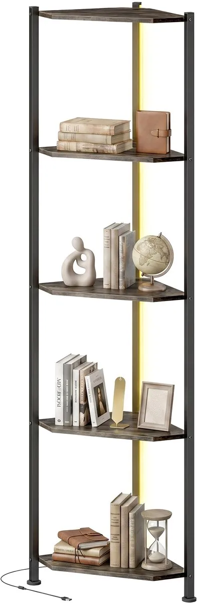 TEKROA ®Boekenkasten - 5-laags hoekboekenkast - met ledverlichting voor woonkamer, slaapkamer, kantoor - 32x32x147 cm - rustiek bruin