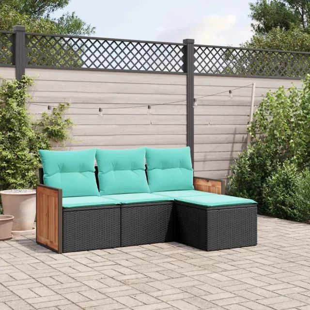 vidaXL 4-delige tuinbankset met kussens, zwart polyrotan, foto 2