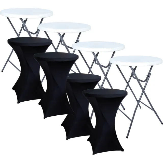 Brasq Statafel Wit/Grijs – Ø80 cm – Set van 4 – Staantafel – Partytafel – Bartafel – Inclusief 4x Zwarte Statafelrok – Vouwtafel – Inklapbaar – Voor Binnen en Buiten – Kunststof en Metaal 4 Statafels Wit/ Grijs + 4 Zwarte Statafelrokken