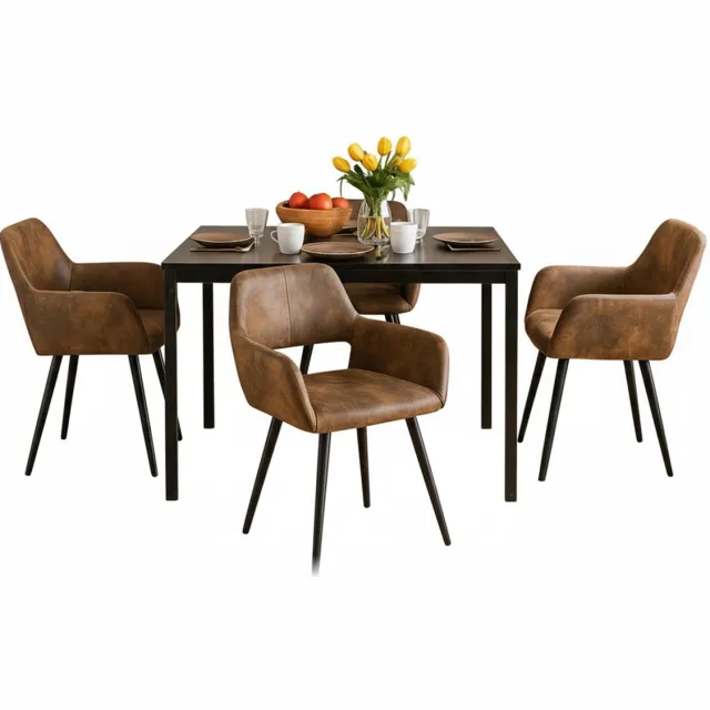 MEUBLE COSY Eethoek - Uitschuifbare Tafel Met 4 Kunstsuède Armstoelen - Bruin
