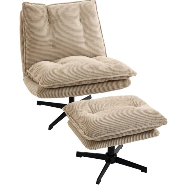 STILVORA Relaxfauteuil 82 x 74 x 89 cm - 360 Graden Draaibaar Met Verstelbare Hocker - Voor Woonkamer En Leeshoek - Ribstof - Beige