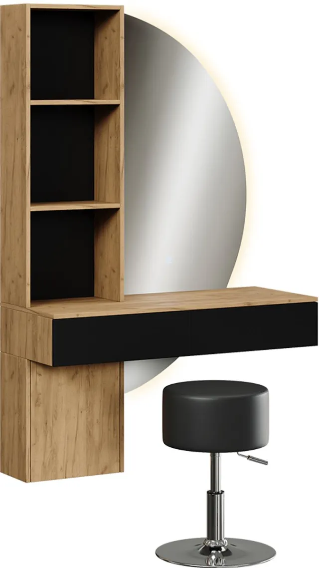 Vicco Kaptafel set met kruk Melora, Eiken/Zwart, 100 cm met LED-spiegel en kruk