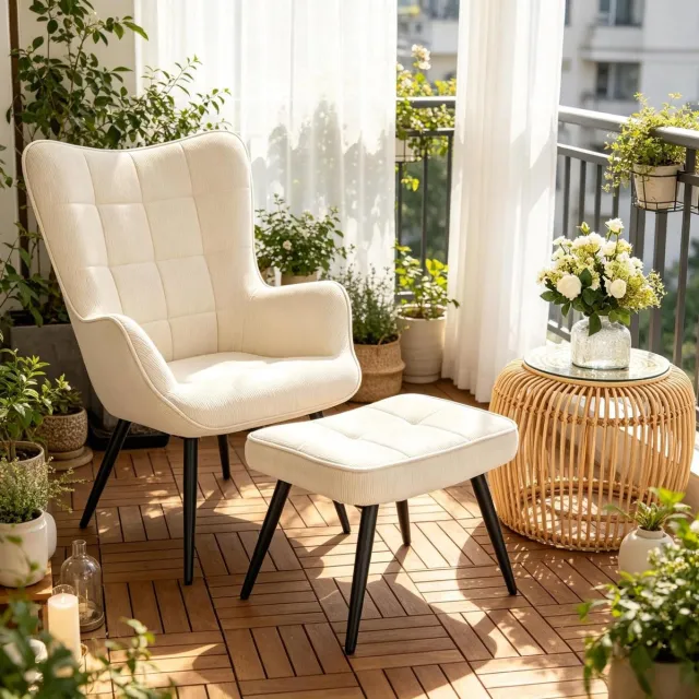 FloraGrace Fauteuil Met Hocker - Moderne Relaxstoel Met Hoge Rugleuning En Armleuningen - Voor Woonkamer En Slaapkamer - Corduroy - Crèmewit Cream White