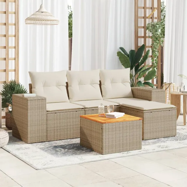 vidaXL 5-delige Loungeset met kussens poly rattan beige, foto 2