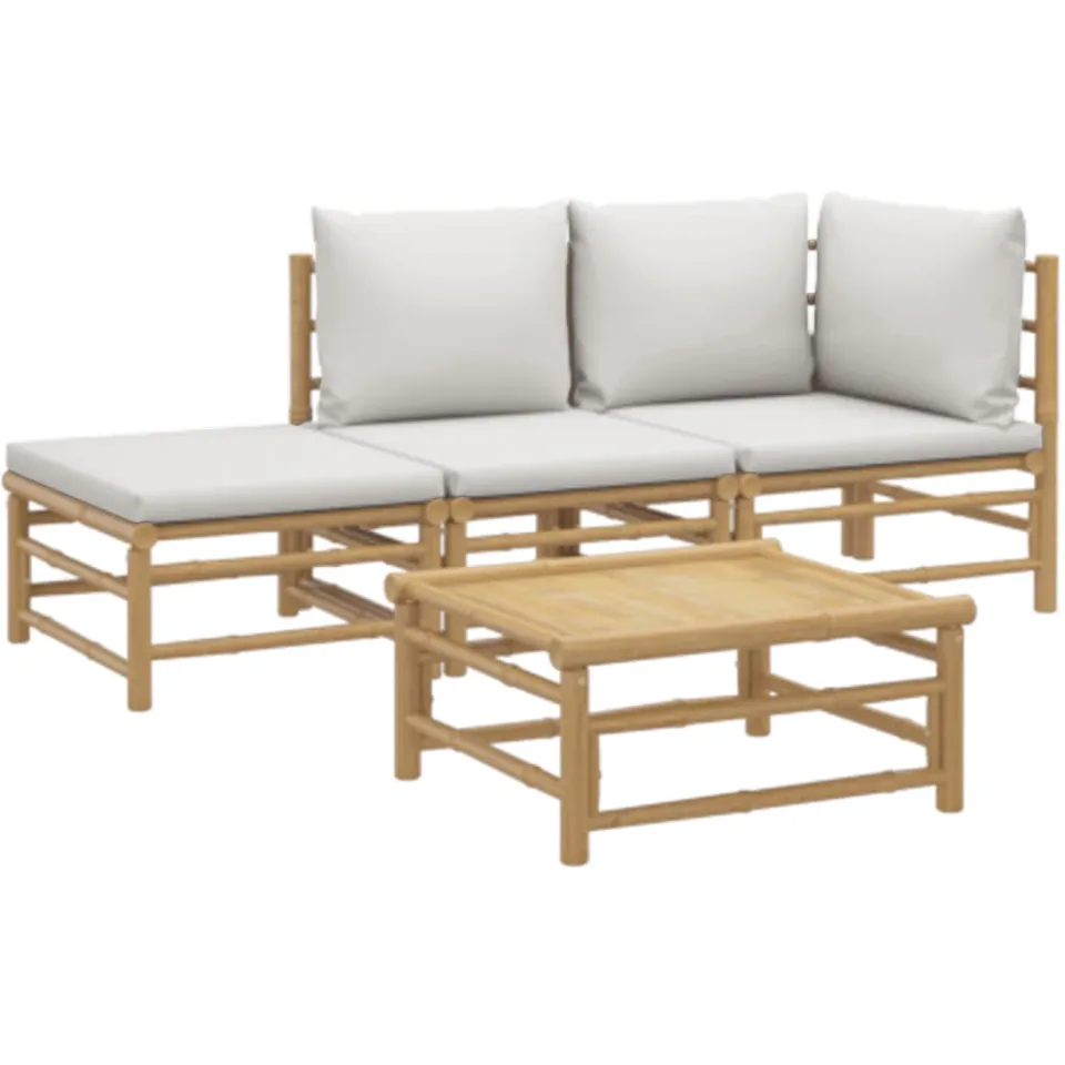 vidaXL 4-delige Loungeset met kussens bamboe lichtgrijs Bruin