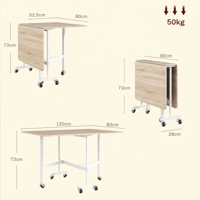 MIVRAY Eettafel Opklapbaar Uittrekbaar Voor Zes Personen Met Zes Wielen En Remmen Eikenkleur 120 X 80 X 73 Cm Oak