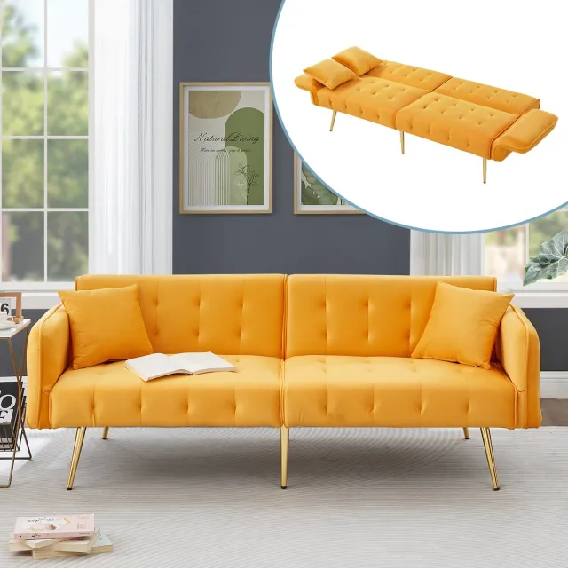 Wishdor 2-Zits Slaapbank - Verstelbare Rugleuning En Armleuningen - Modern - Woonkamer - Velours - Geel - 215 x 81,5 cm