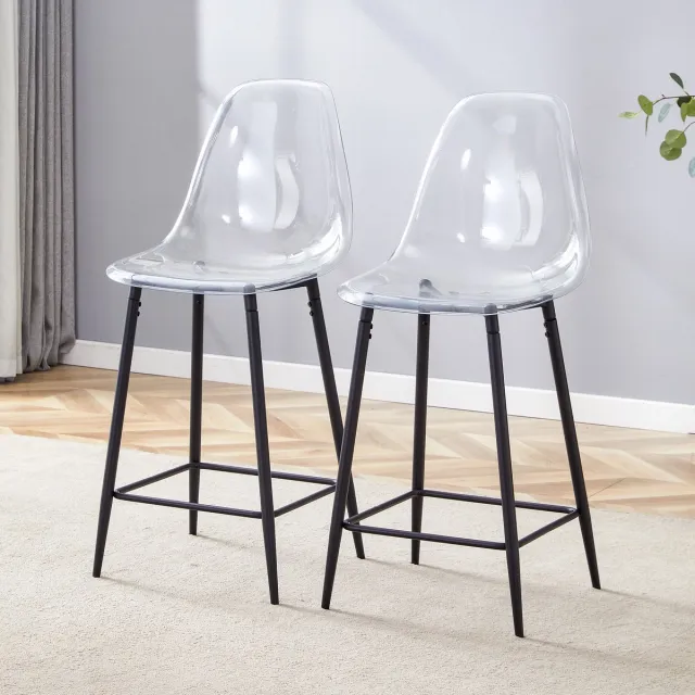 HAUSS SPOLE Transparante Barkruk Set Van 2 - Modern Design Met Metalen Frame - Voor Keuken, Bar En Eetkamer - Kunststof Zwart