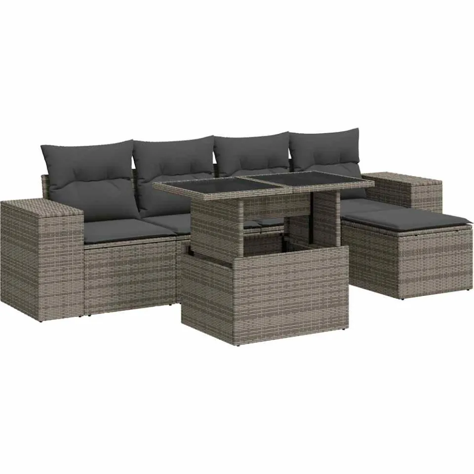 vidaXL 6-delige Loungeset met kussens poly rattan grijs, foto 3