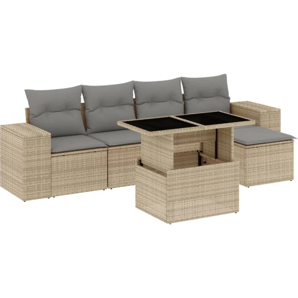 vidaXL 6-delige Loungeset met kussens poly rattan beige
